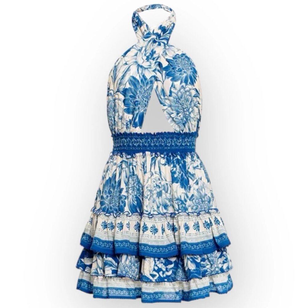Women’s Agua Bendita Maona Mini Dress Large Halter Neck Stretch Smocked Waist